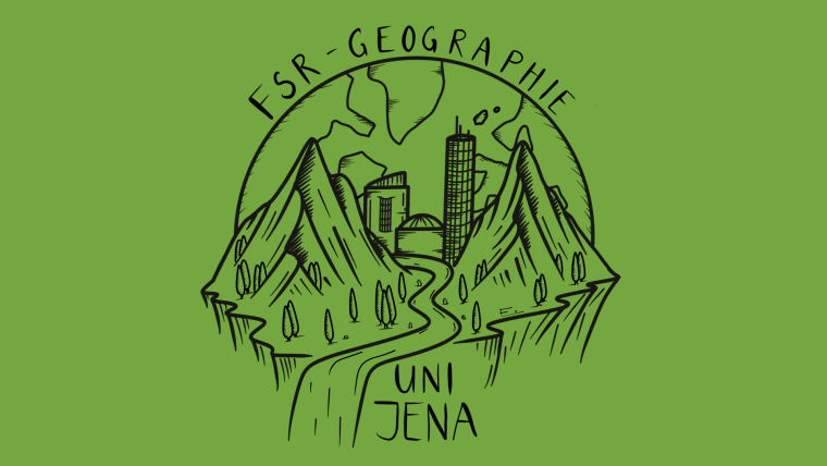 Vektorgrafik auf dunkelgrünem Hintergrund. Gezeichnet sind zwei Berge, rechts und links, in deren Mitte markante Gebäude Jenas hinter der Saale, die beide Berge trennt emporragen. Der Himmel wird durch einen Halbkreis über den Bergen gebildet. In ihm sind Kontinentale Umrisse erkennbar. Die Schrift "FSR-Geographie" ragt über dem Himmel.